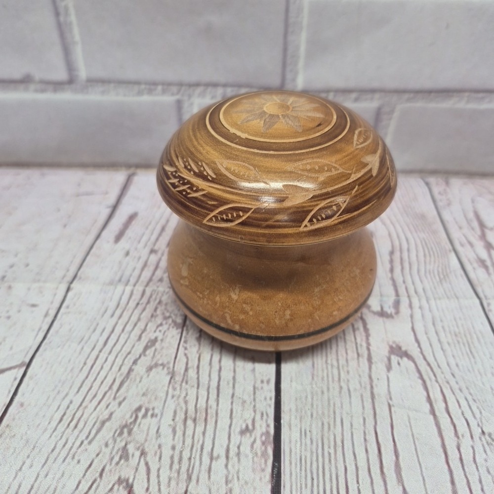 Small Round Wood Trinket Box with Lid~Floral Carvings
